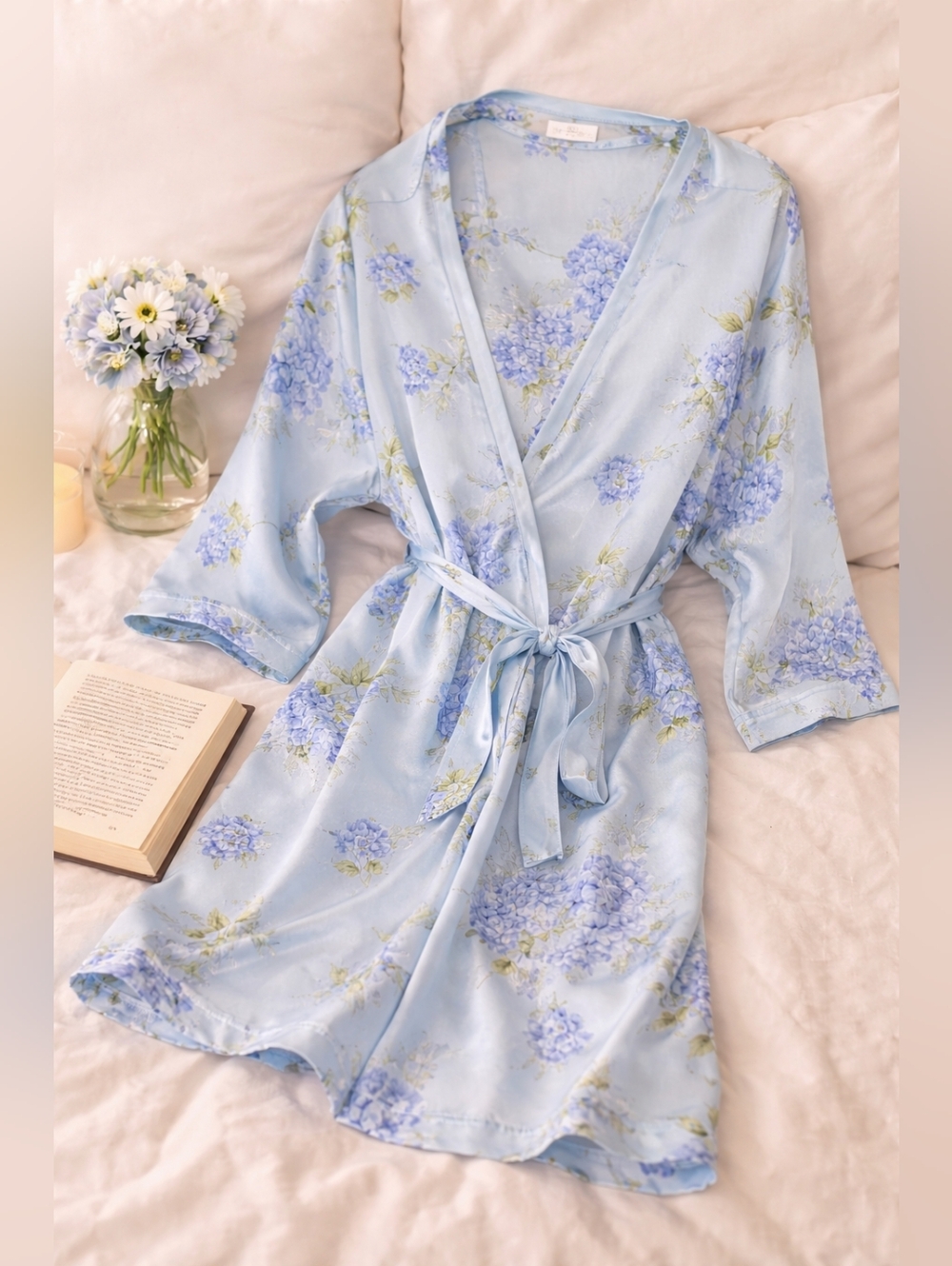 Light Blue Floral Satin Wrap Robe with Tie Belt Bridal Getting Ready Kimono